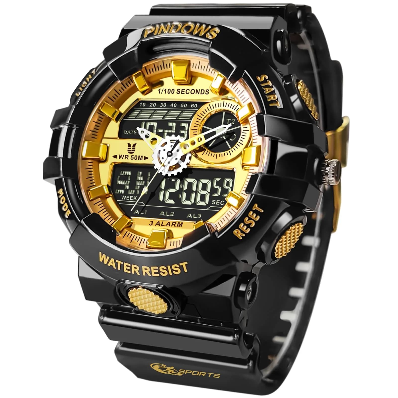 PINDOWS PDS-603 Transparent LED Backlight Men's Watch 53mm (1.89in) | Analog Digital Waterproof Tactical Sports Watch