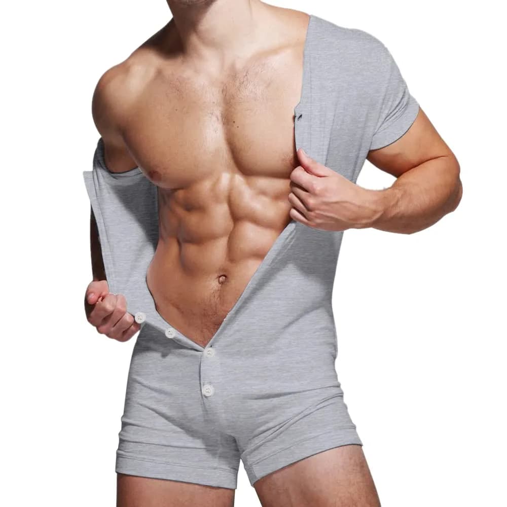 GYMAPE Mens Short Sleeve Onesie Henley Jumpsuit Pajamas 95% Cotton, Gray | Stretchy, Comfortable Sleepwear for Men