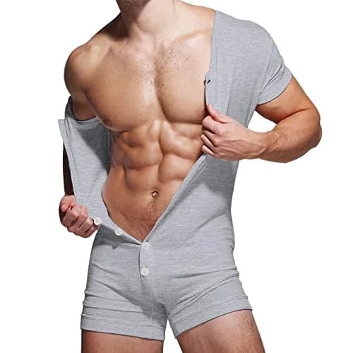 GYMAPE Mens Short Sleeve Onesie Henley Jumpsuit Pajamas 95% Cotton, Gray | Stretchy, Comfortable Sleepwear for Men thumbnail 1