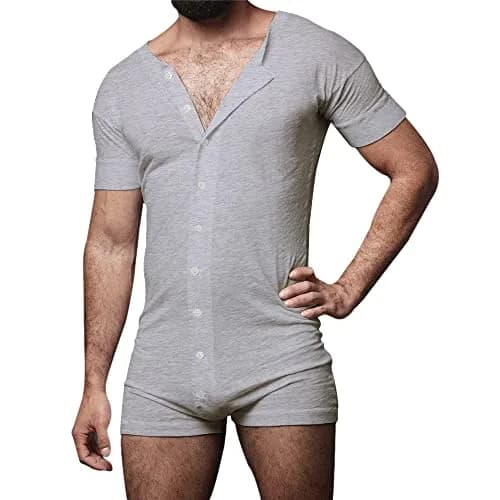 GYMAPE Mens Short Sleeve Onesie Henley Jumpsuit Pajamas 95% Cotton, Gray | Stretchy, Comfortable Sleepwear for Men thumbnail 2