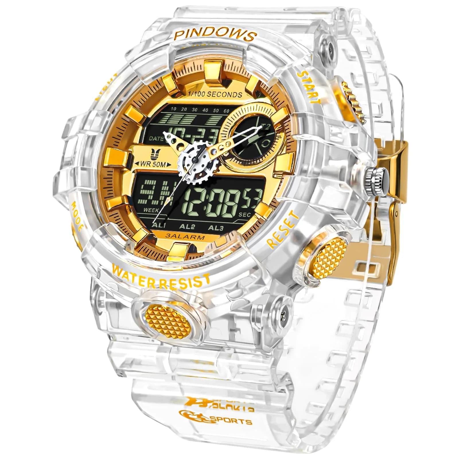PINDOWS Men's Tactical Digital & Analog Waterproof Watch 50mm | LED Backlight, 2-Year Battery — White Gold