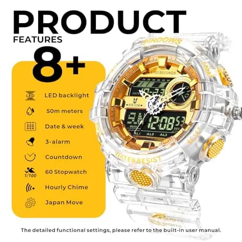 PINDOWS Men's Tactical Digital & Analog Waterproof Watch 50mm | LED Backlight, 2-Year Battery thumbnail 6
