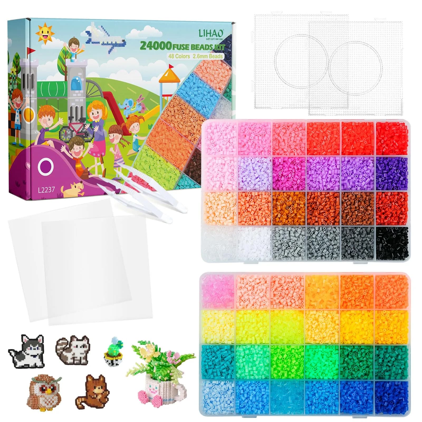 LIHAO Mini Fuse Beads Kit 24,000 Beads (2.6mm) | 48 Colors for Pixel Art & Craft Projects — 48 Colors