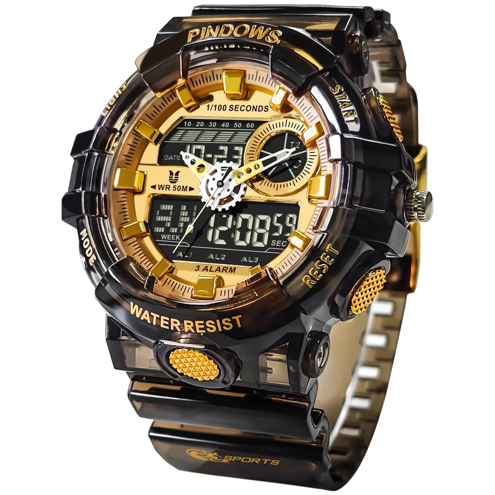 PINDOWS Men's Digital Sports Watch 5.3cm | Waterproof, LED Backlight, 12/24H — Ash Gold