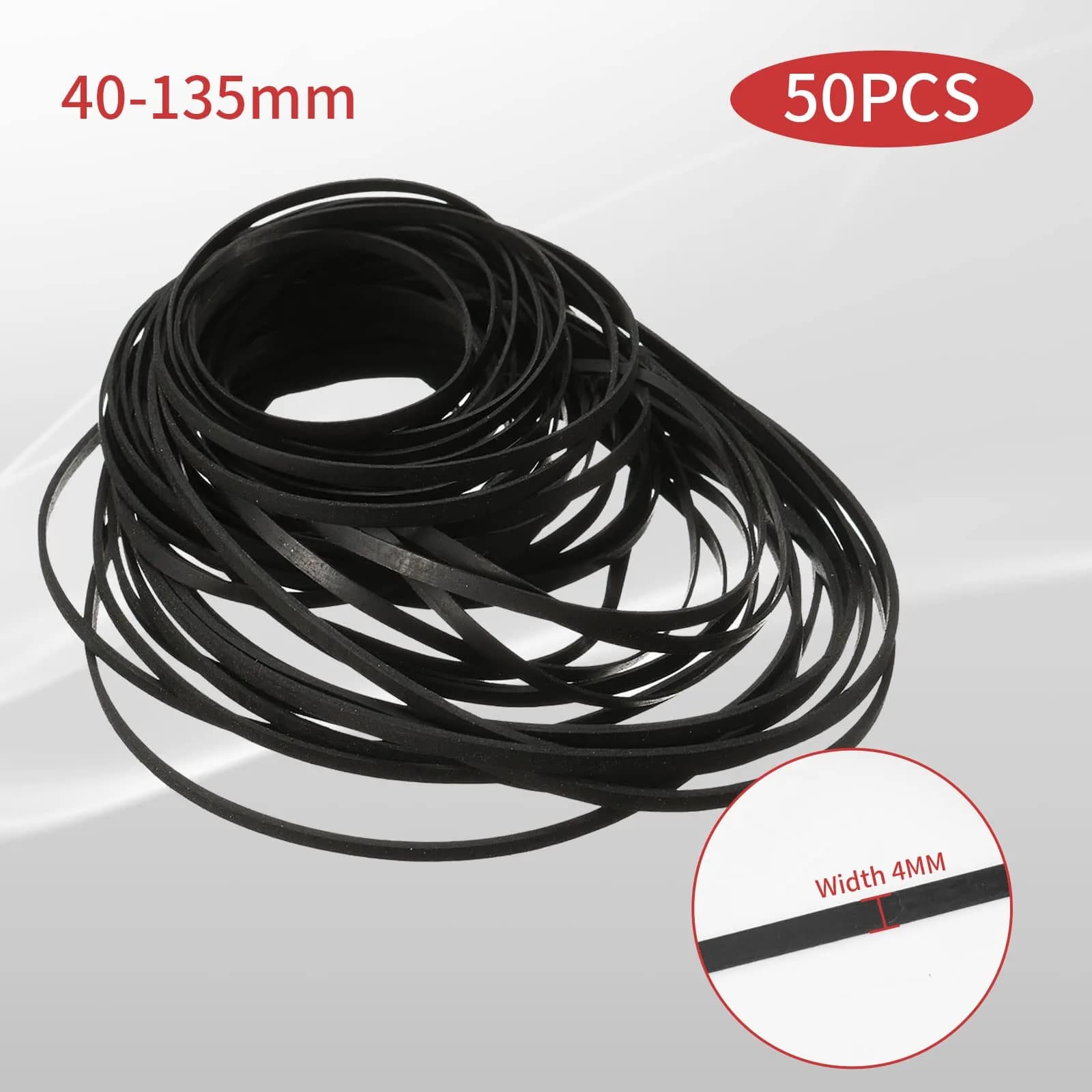 TEANTECH 50Pcs Flat Rubber Drive Belts 4mm Width, 40-135mm Mix | For Cassette Player Repair - view 2