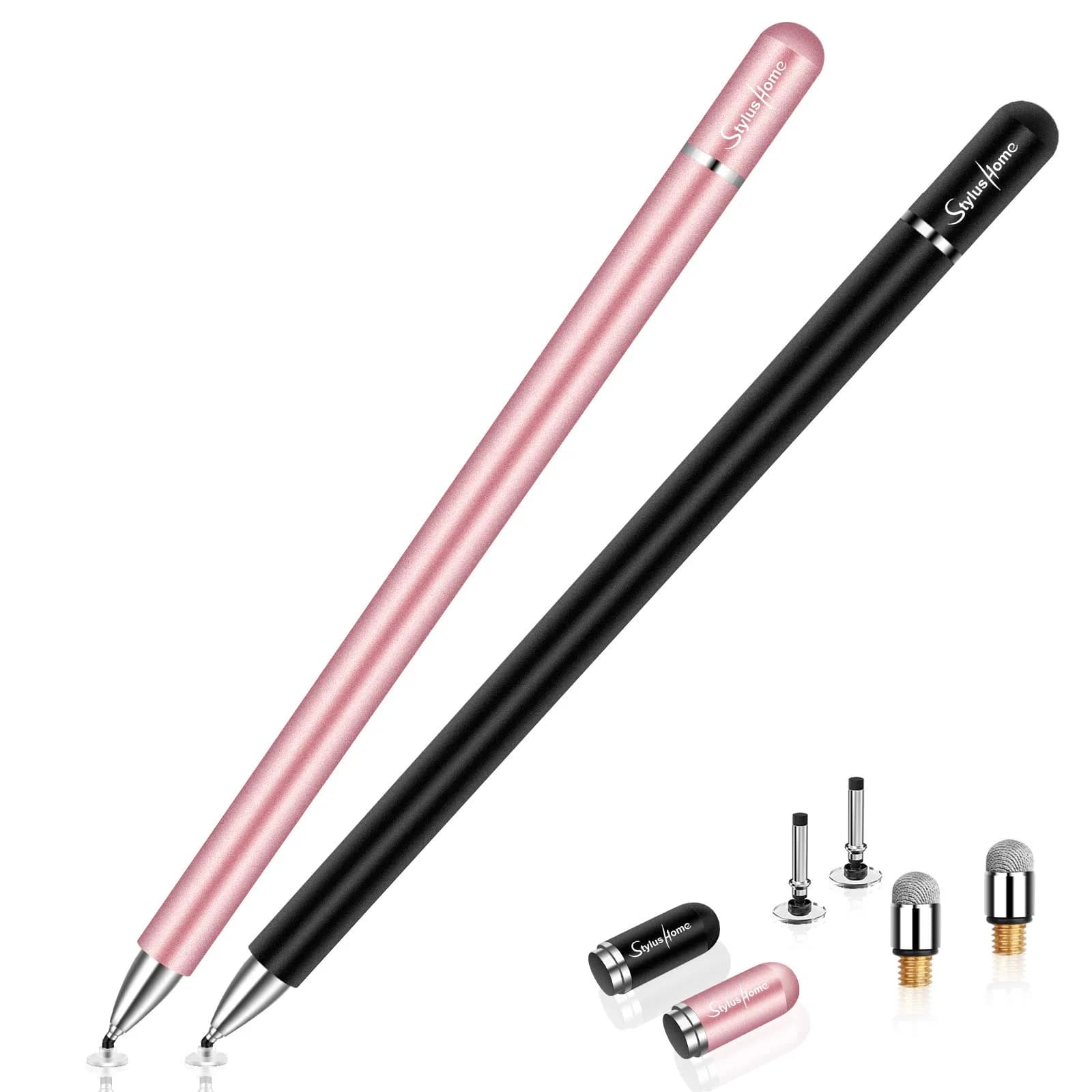 STYLUSHOME Universal Stylus Pen for iPad iPhone Android, 2 Pcs Stylus Pens with Disc & Fiber Tips (Black/Rose Gold) — Black,Rose Gold