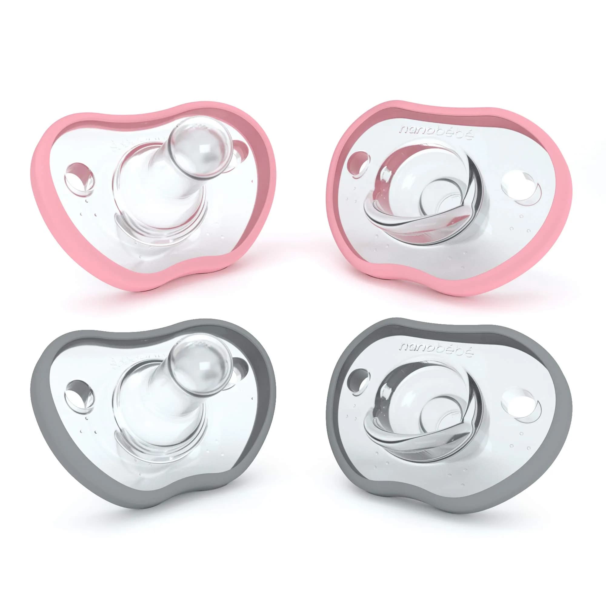 Nanobébé Baby Pacifiers 0-3 Month | Orthodontic, Face Contour, 100% Silicone, Baby Registry Gift 4pk, Pink/Grey