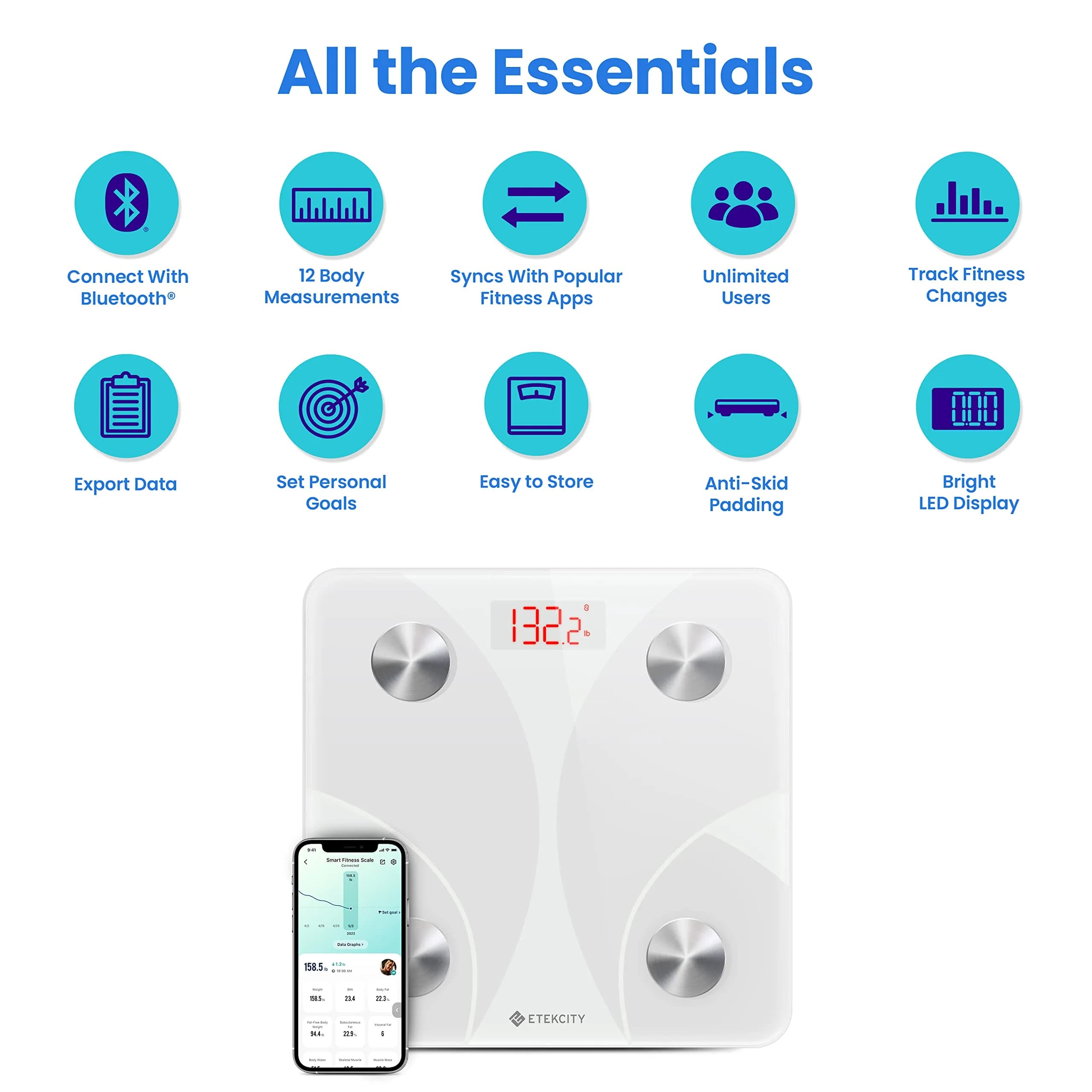 Etekcity Smart Body Weight & Composition Scale - White, 10.2 x 10.2 Inches - view 5