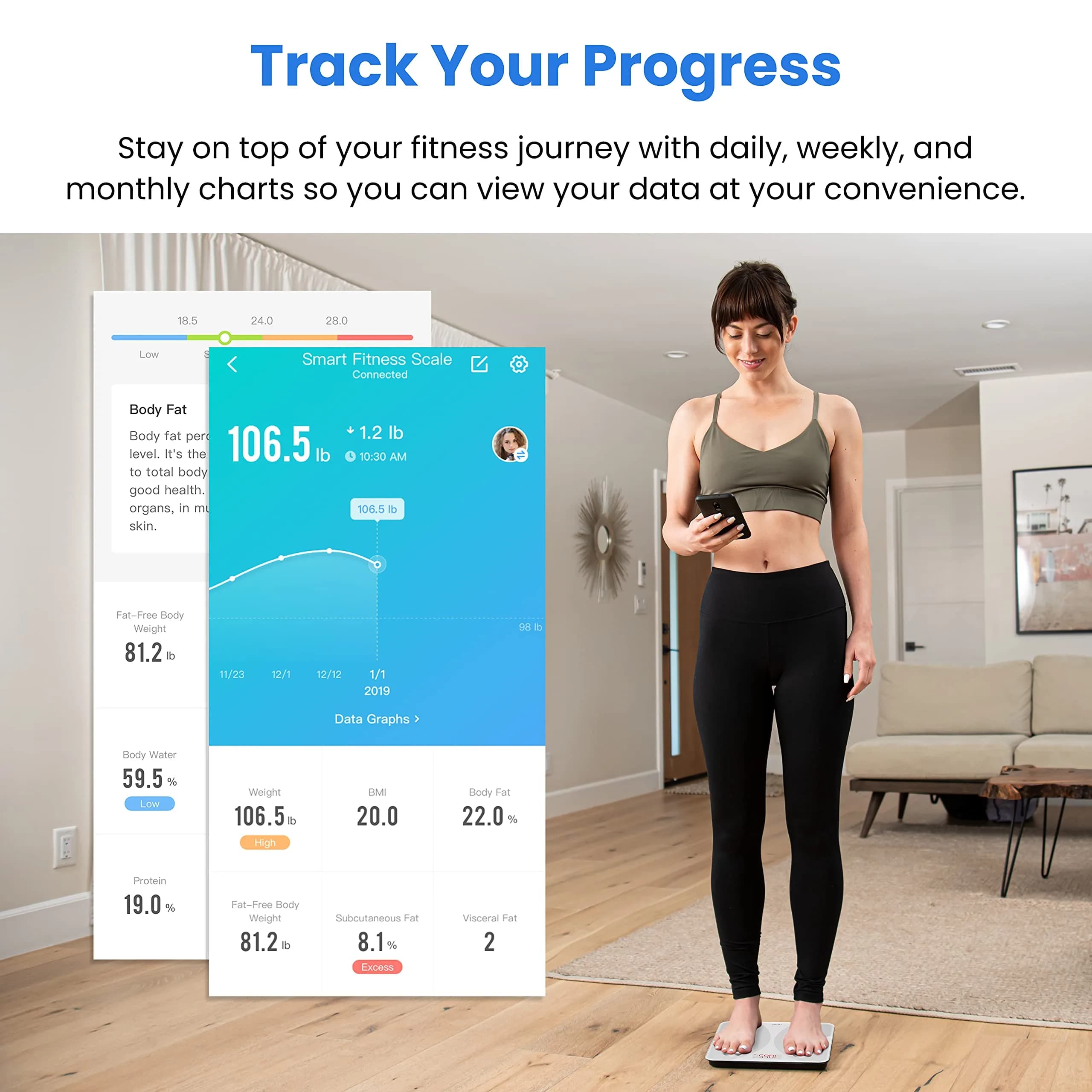 Etekcity Smart Body Weight & Composition Scale - White, 10.2 x 10.2 Inches - view 3