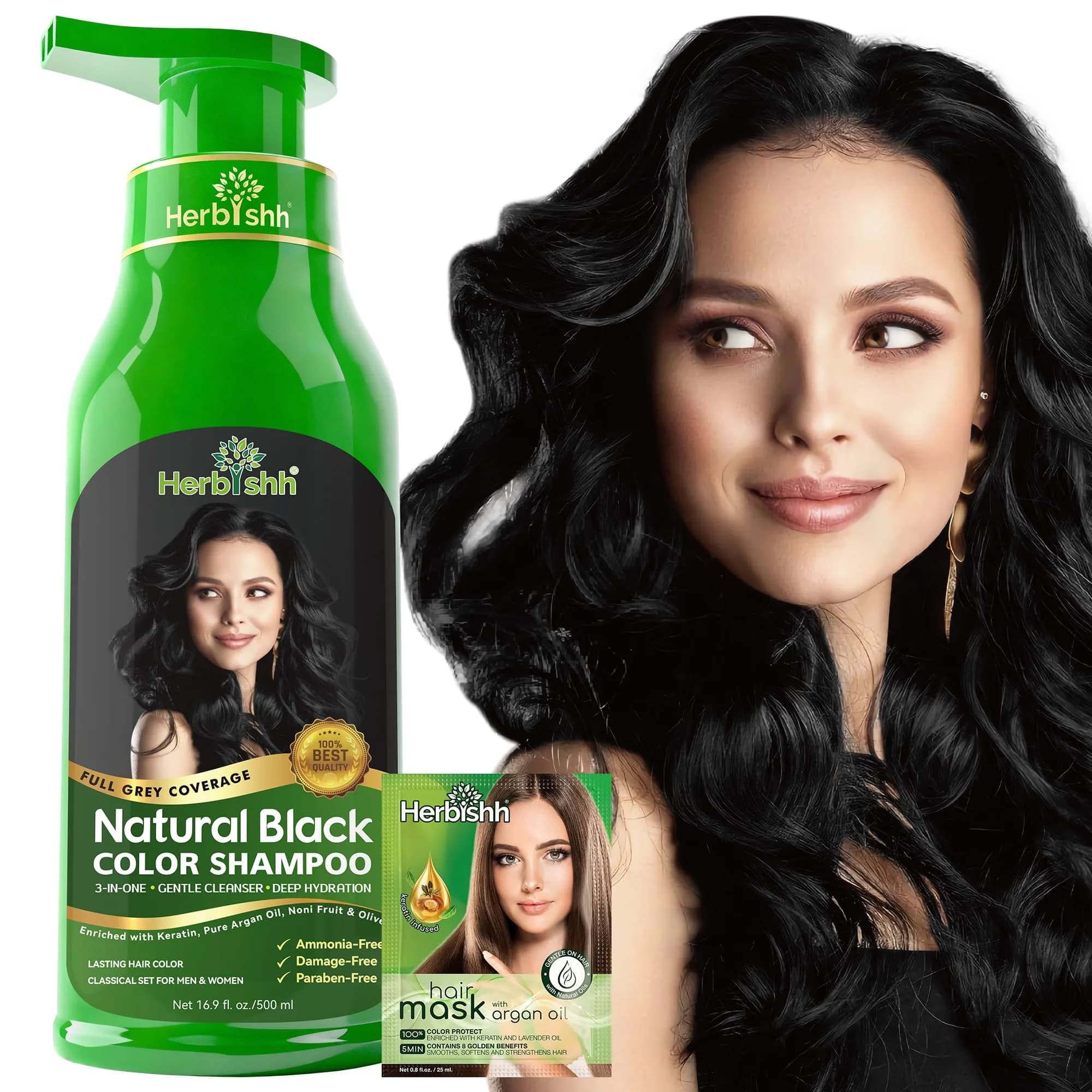 Herbishh Black Hair Dye Shampoo for Gray Hair Coverage 500ml (16.9 Fl Oz) | Ammonia-Free Semi-Permanent Color - main product image