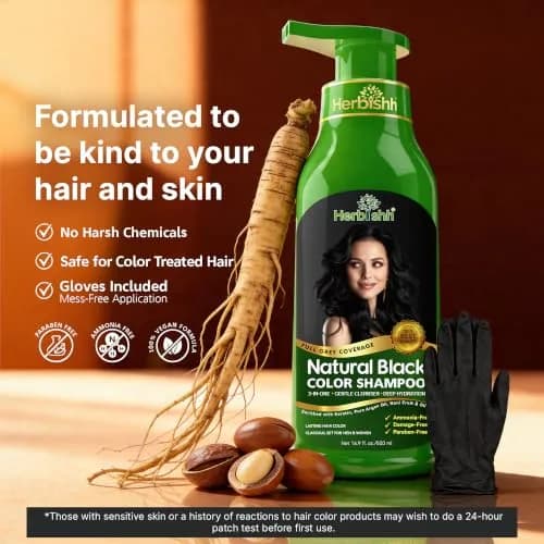 Herbishh Black Hair Dye Shampoo for Gray Hair Coverage 500ml (16.9 Fl Oz) | Ammonia-Free Semi-Permanent Color thumbnail 4