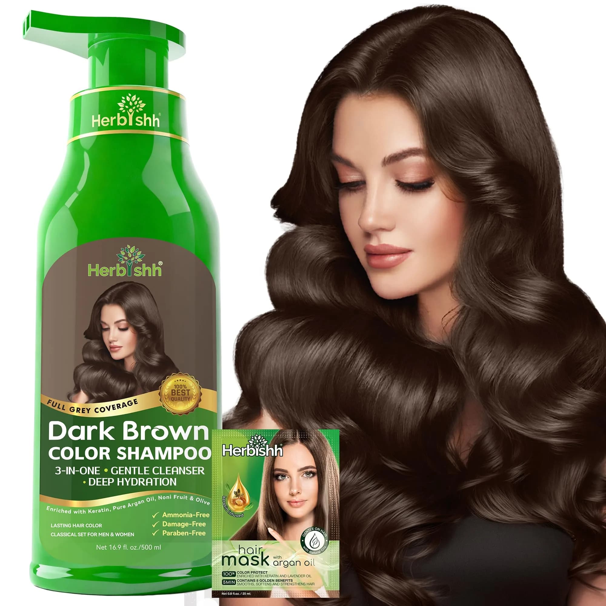 Herbishh Dark Brown Hair Dye Shampoo 500ml (16.9 Fl Oz) | Gray Hair Coverage & Conditioning - main product image