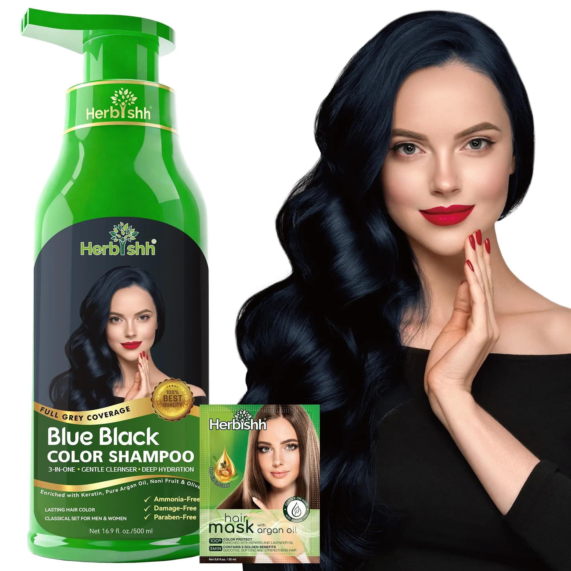 Herbishh Blue Black Hair Dye Shampoo 500ml (16.9 Fl Oz) | Ammonia-Free Gray Coverage - main product image