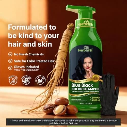 Herbishh Blue Black Hair Dye Shampoo 500ml (16.9 Fl Oz) | Ammonia-Free Gray Coverage thumbnail 4