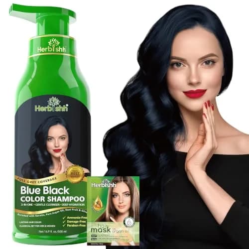 Herbishh Blue Black Hair Dye Shampoo 500ml (16.9 Fl Oz) | Ammonia-Free Gray Coverage thumbnail 1