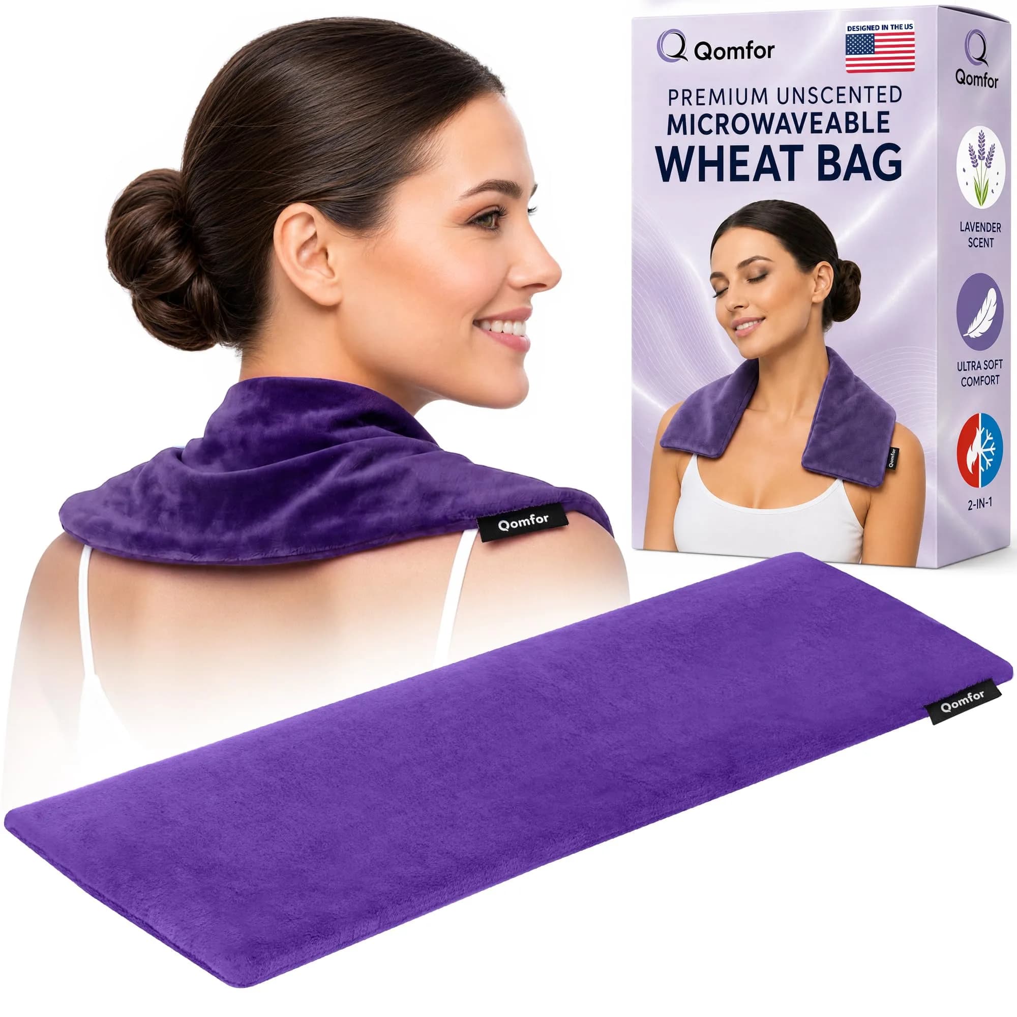 Qomfor Microwavable Heating Pad - Purple - Lavender Scented Heat Wrap for Neck, Shoulders & Period Cramps Pain Relief - Reusable Hot/Cold Therapy Bag - main product image