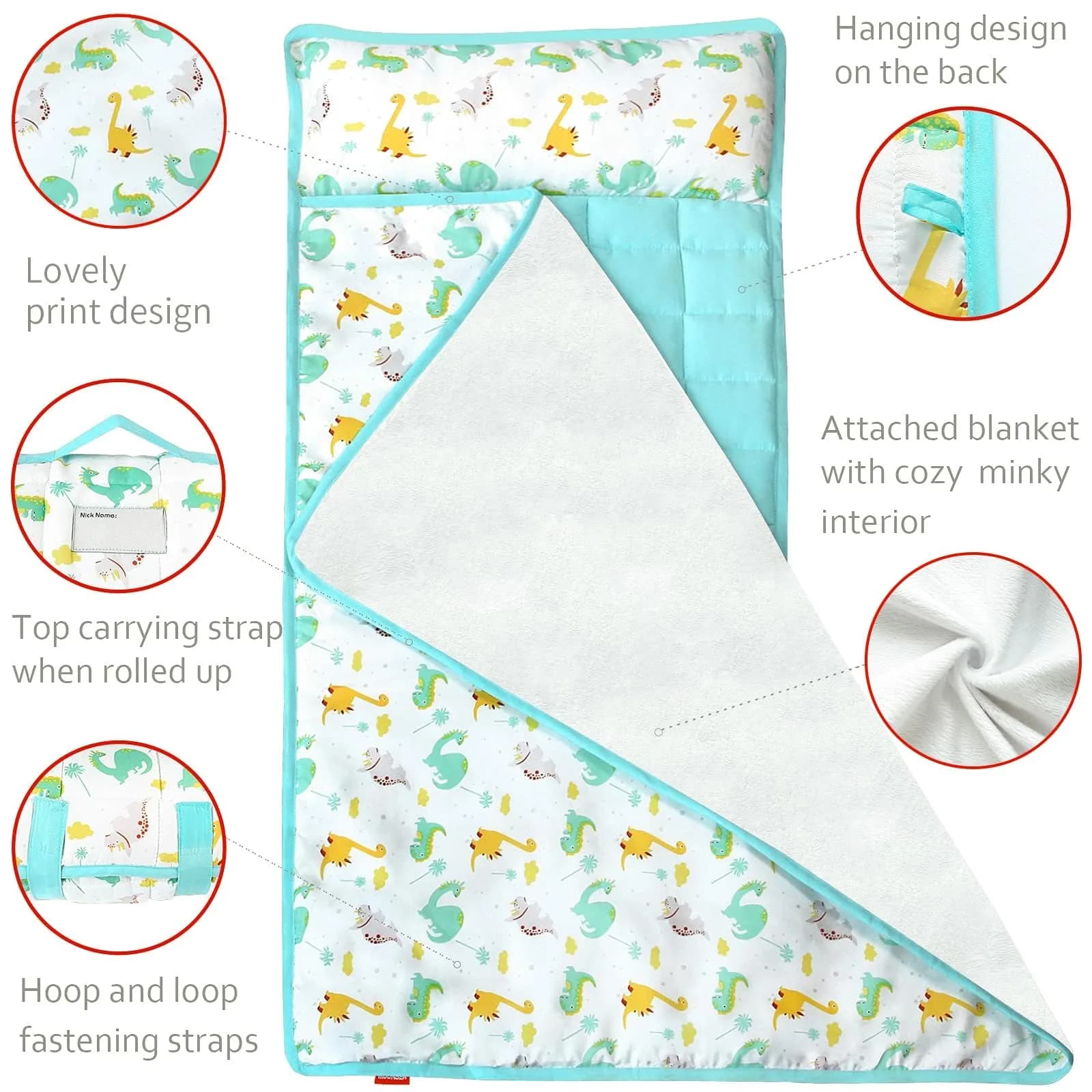 Moonsea Nap Mat with Removable Pillow Dinosaur and Fleece Minky Blanket | Preschool Travel Bed for Kids 21" x 50" thumbnail 3
