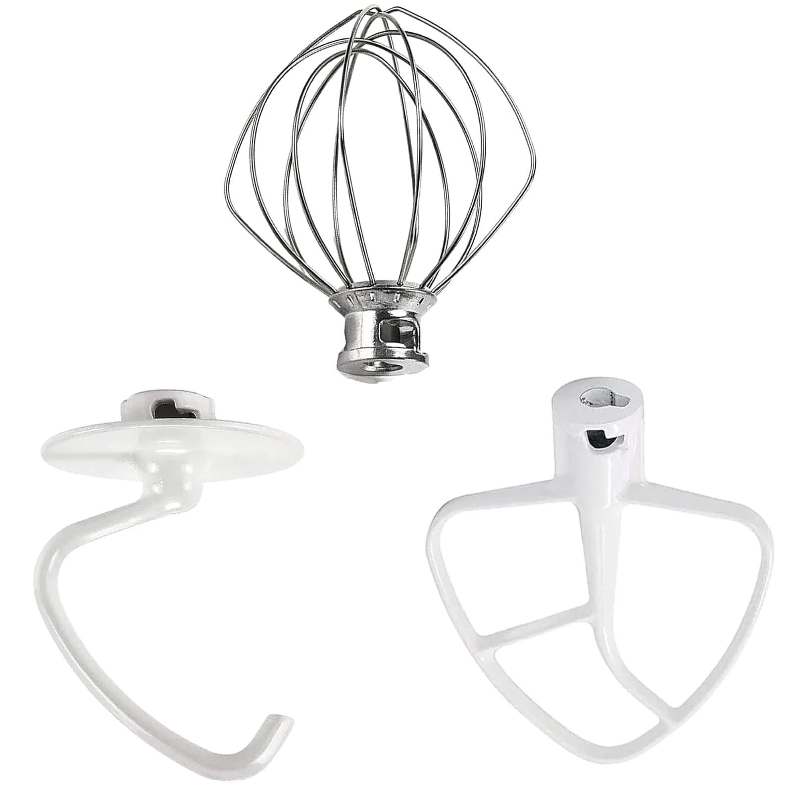 TOMOON 3-Piece KitchenAid Tilt-Head Stand Mixer Attachment Set | Stainless Steel Wire Whip, Dough Hook & Flat Beater for 4.5-5 Quart Mixers — WHITE&SILVER