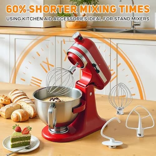TOMOON 3-Piece KitchenAid Tilt-Head Stand Mixer Attachment Set | Stainless Steel Wire Whip, Dough Hook & Flat Beater for 4.5-5 Quart Mixers thumbnail 5