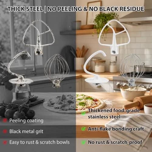 TOMOON 3-Piece KitchenAid Tilt-Head Stand Mixer Attachment Set | Stainless Steel Wire Whip, Dough Hook & Flat Beater for 4.5-5 Quart Mixers thumbnail 6
