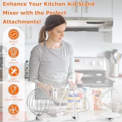 TOMOON 3-Piece KitchenAid Tilt-Head Stand Mixer Attachment Set | Stainless Steel Wire Whip, Dough Hook & Flat Beater for 4.5-5 Quart Mixers thumbnail 7