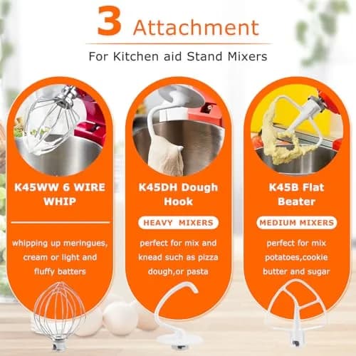 TOMOON 3-Piece KitchenAid Tilt-Head Stand Mixer Attachment Set | Stainless Steel Wire Whip, Dough Hook & Flat Beater for 4.5-5 Quart Mixers thumbnail 2