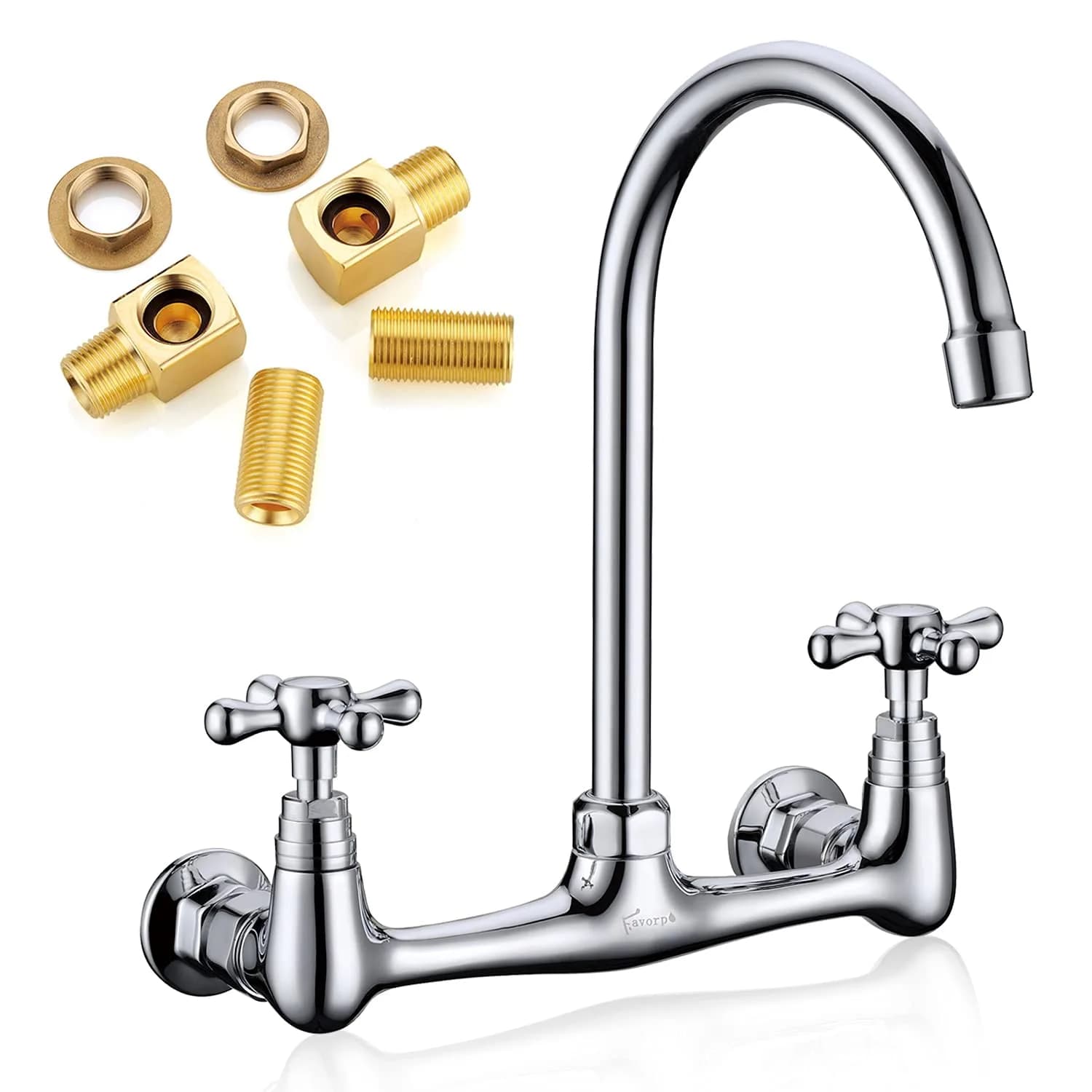 Favorpo Wall Mount Commercial Sink Kitchen Faucet 8 Inch Adjustable Center | Heavy Duty Brass, 360° Swivel, Certified Safe (70-120c) — Cross Handles / 9 Inch Spout