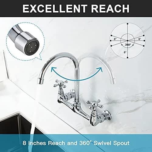Favorpo Commercial Brass Wall Mount Faucet 8 Inch Center | Heavy Duty, 360° Swivel, Chrome thumbnail 2