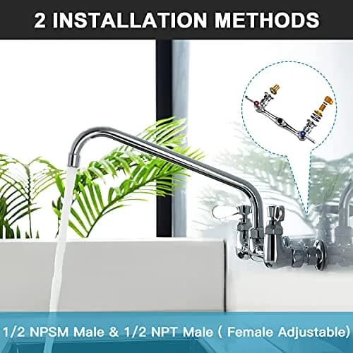Favorpo Wall Mount Commercial Sink Kitchen Faucet 8 Inch Adjustable Center | Heavy Duty Brass, 360° Swivel, Certified Safe (70-120c) thumbnail 4
