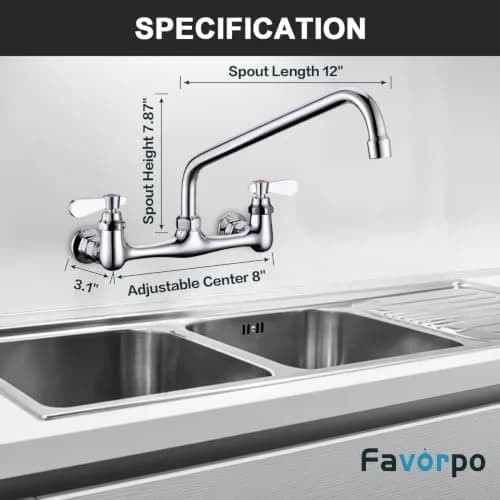 Favorpo Wall Mount Commercial Sink Kitchen Faucet 8 Inch Adjustable Center | Heavy Duty Brass, 360° Swivel, Certified Safe (70-120c) thumbnail 5