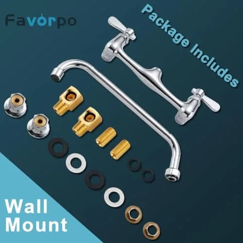 Favorpo Wall Mount Commercial Sink Kitchen Faucet 8 Inch Adjustable Center | Heavy Duty Brass, 360° Swivel, Certified Safe (70-120c) thumbnail 6