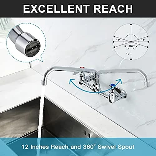 Favorpo Wall Mount Commercial Sink Kitchen Faucet 8 Inch Adjustable Center | Heavy Duty Brass, 360° Swivel, Certified Safe (70-120c) thumbnail 2