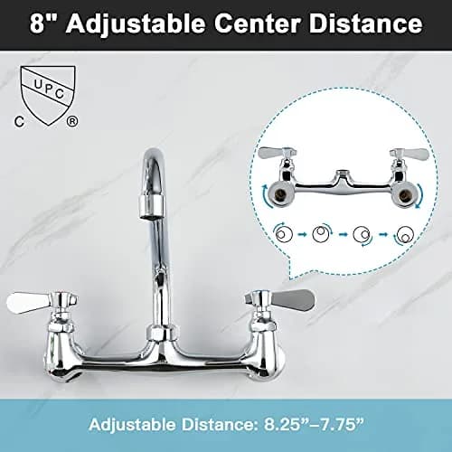 Favorpo Wall Mount Commercial Sink Kitchen Faucet 8 Inch Adjustable Center | Heavy Duty Brass, 360° Swivel, Certified Safe (70-120c) thumbnail 3