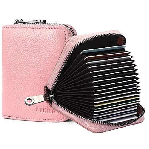 Linno RFID Genuine Leather Credit Card Holder Small Wallet with Zipper | 20 Slots — Pink