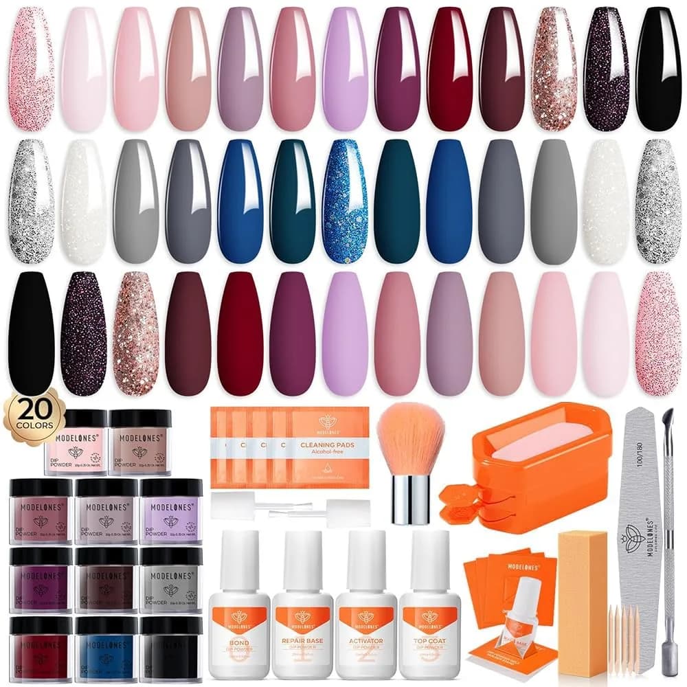modelones Dip Powder Nail Starter Kit 40 Pcs 20 Colors | Natural Finish, No Lamp Needed, Easy DIY — A-Elegant Pink