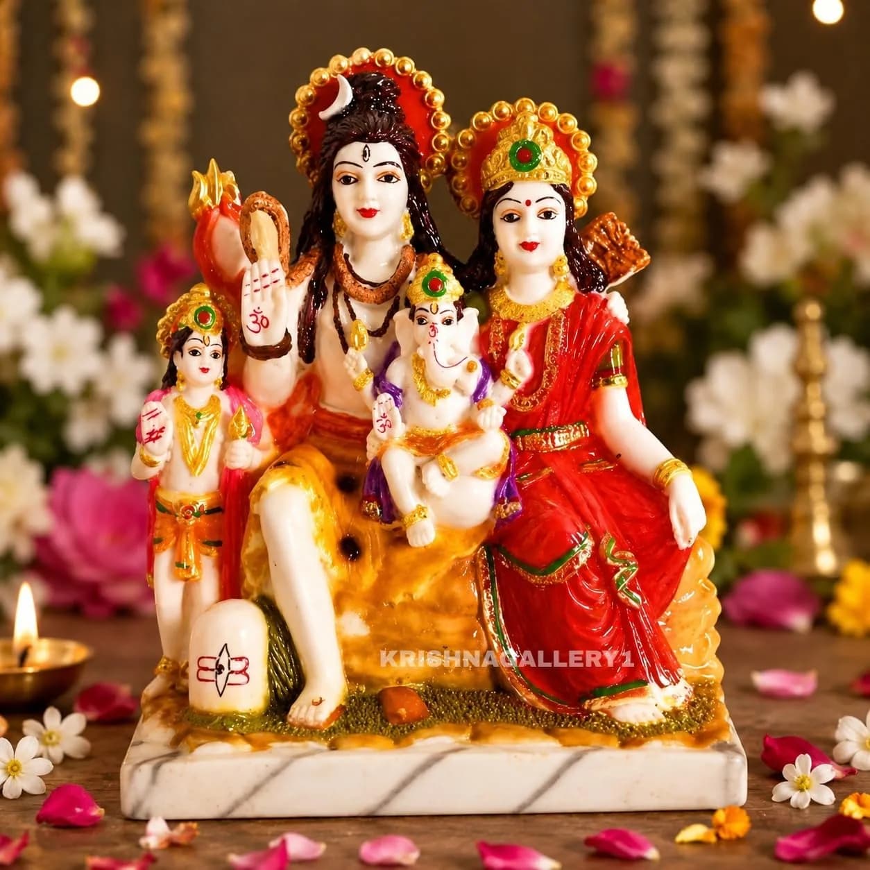 KRISHNAGALLERY1 Marble Dust Lord Shiv Parivar Family Murti Statue 23cm | Multicolor Antique Religious Home Decor — Multicolor