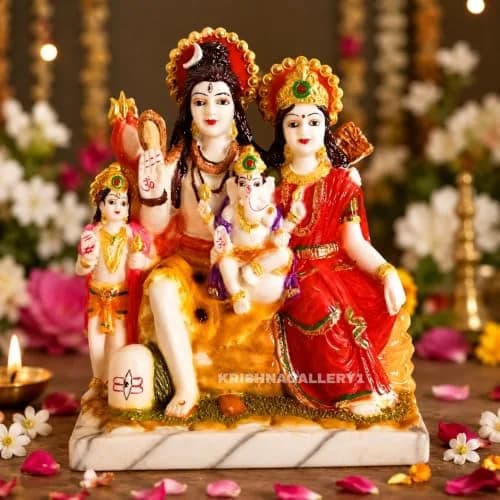 KRISHNAGALLERY1 Marble Dust Lord Shiv Parivar Family Murti Statue 23cm | Multicolor Antique Religious Home Decor thumbnail 1