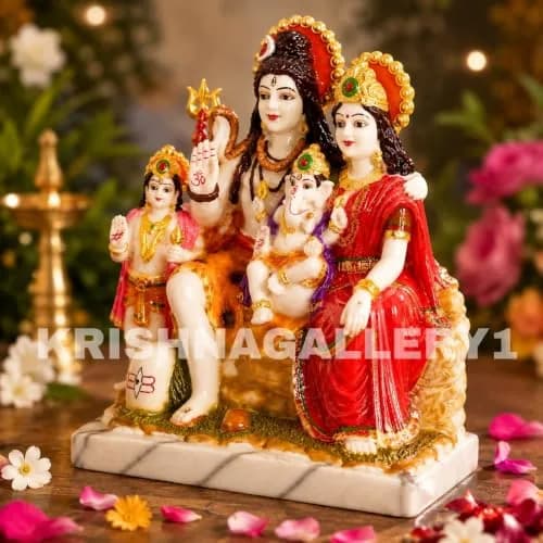 KRISHNAGALLERY1 Marble Dust Lord Shiv Parivar Family Murti Statue 23cm | Multicolor Antique Religious Home Decor thumbnail 3