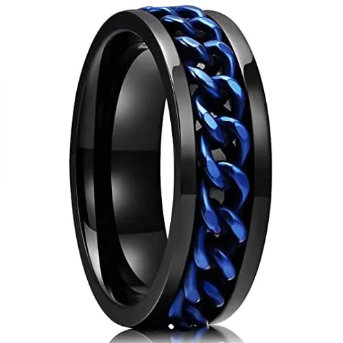 King Will Stainless Steel Fidget Ring 8mm Blue Chain Spin Size 6 | Anxiety Relief Ring with 360° Rotating Chain thumbnail 1
