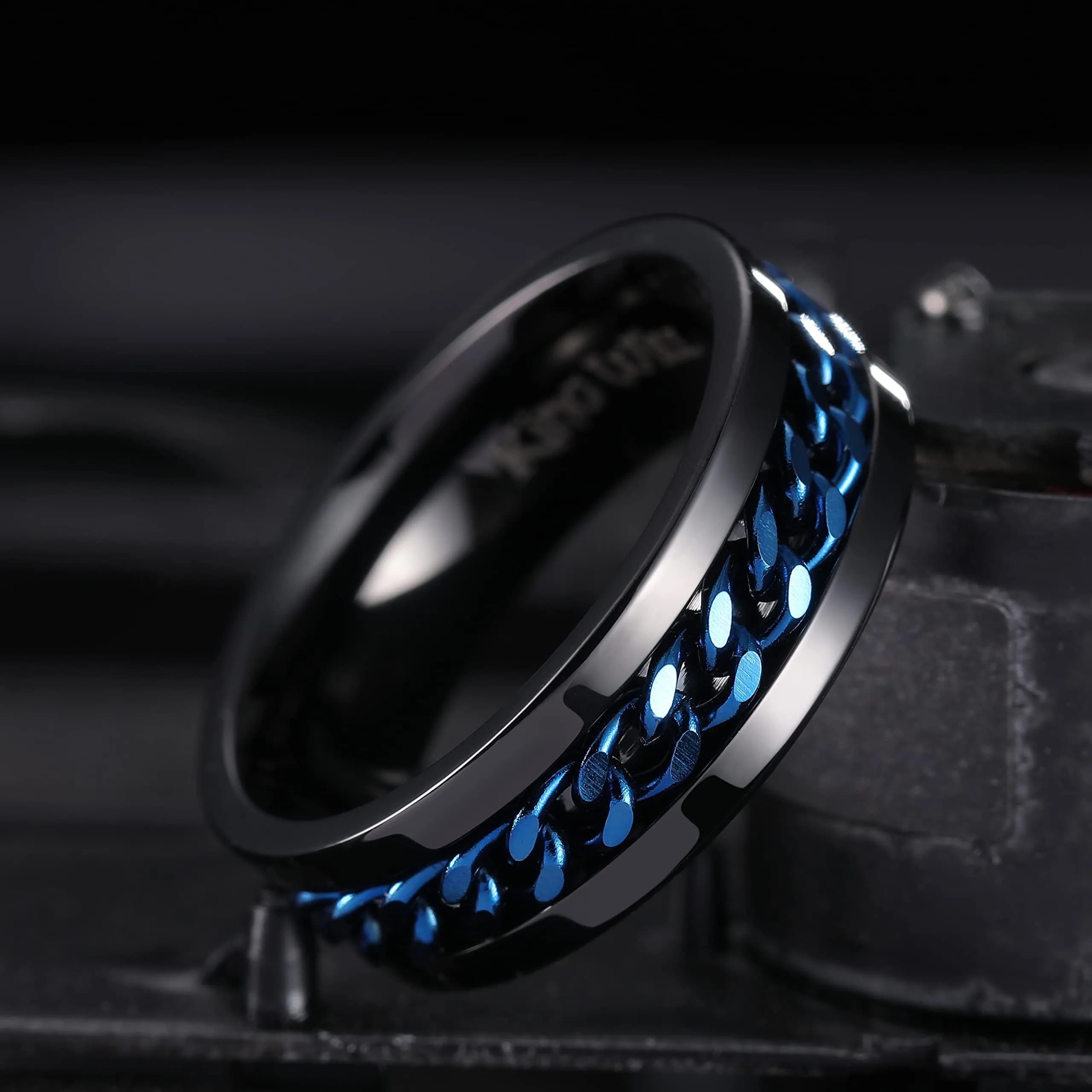 King Will Stainless Steel Fidget Ring 8mm Blue Chain Spin Size 6 | Anxiety Relief Ring with 360° Rotating Chain - view 2