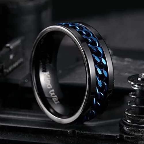 King Will Stainless Steel Fidget Ring 8mm Blue Chain Spin Size 6 | Anxiety Relief Ring with 360° Rotating Chain thumbnail 3