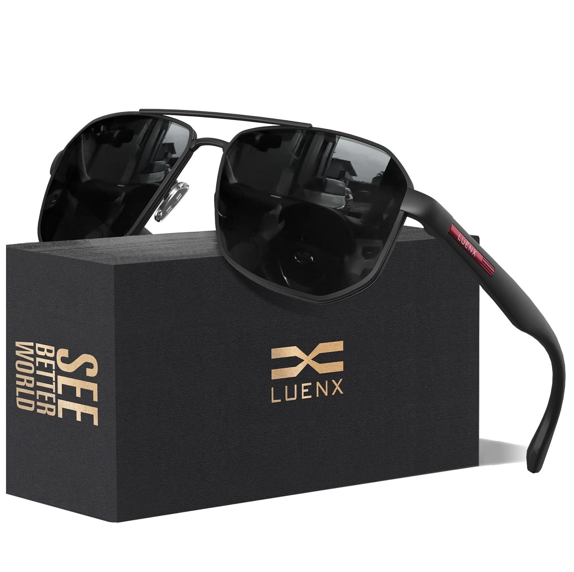 Luenx Aviator Polarized Sunglasses for Men: Square UV400 Driving | Large Frame, Black Lens, Polarized