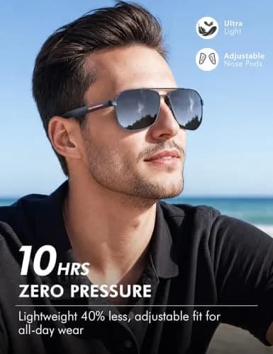 Luenx Aviator Polarized Sunglasses for Men: Square UV400 Driving | Large Frame, Black Lens, Polarized thumbnail 4