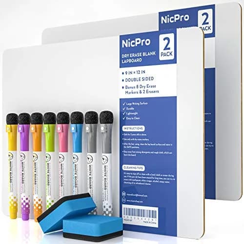 Nicpro Double Sided Dry Erase Lap Board 9 x 12 inches (2 Pack) | Portable Whiteboard for Students & Classrooms thumbnail 1
