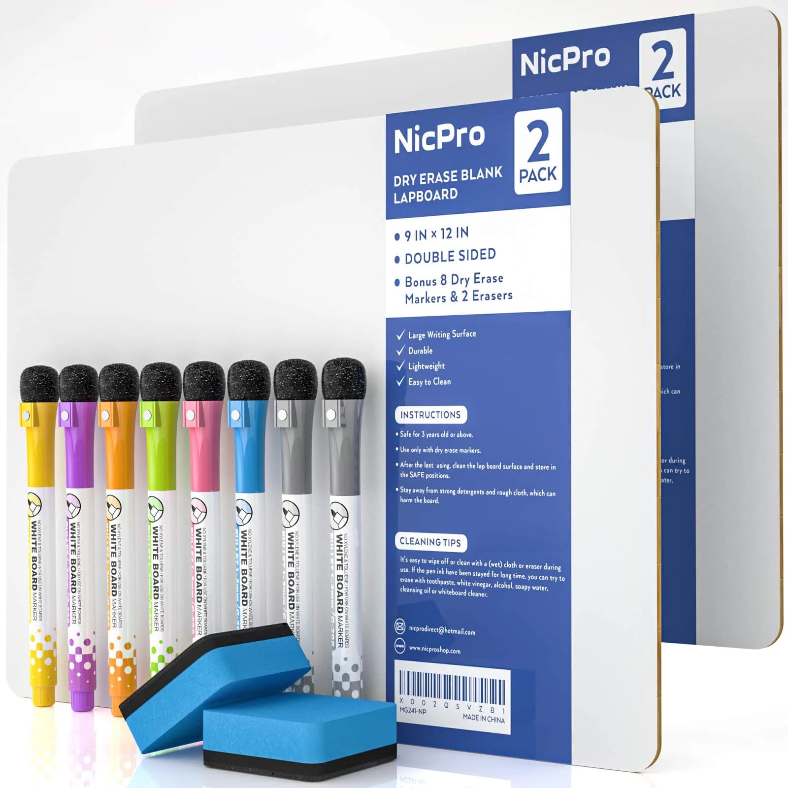 Nicpro Double Sided Dry Erase Lap Board 9 x 12 inches (2 Pack) | Portable Whiteboard for Students & Classrooms — White