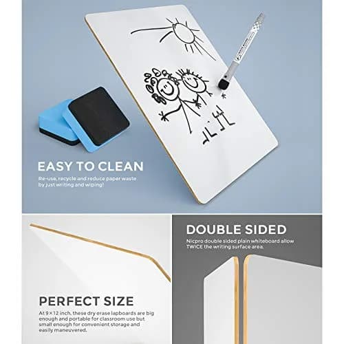 Nicpro Double Sided Dry Erase Lap Board 9 x 12 inches (2 Pack) | Portable Whiteboard for Students & Classrooms thumbnail 3