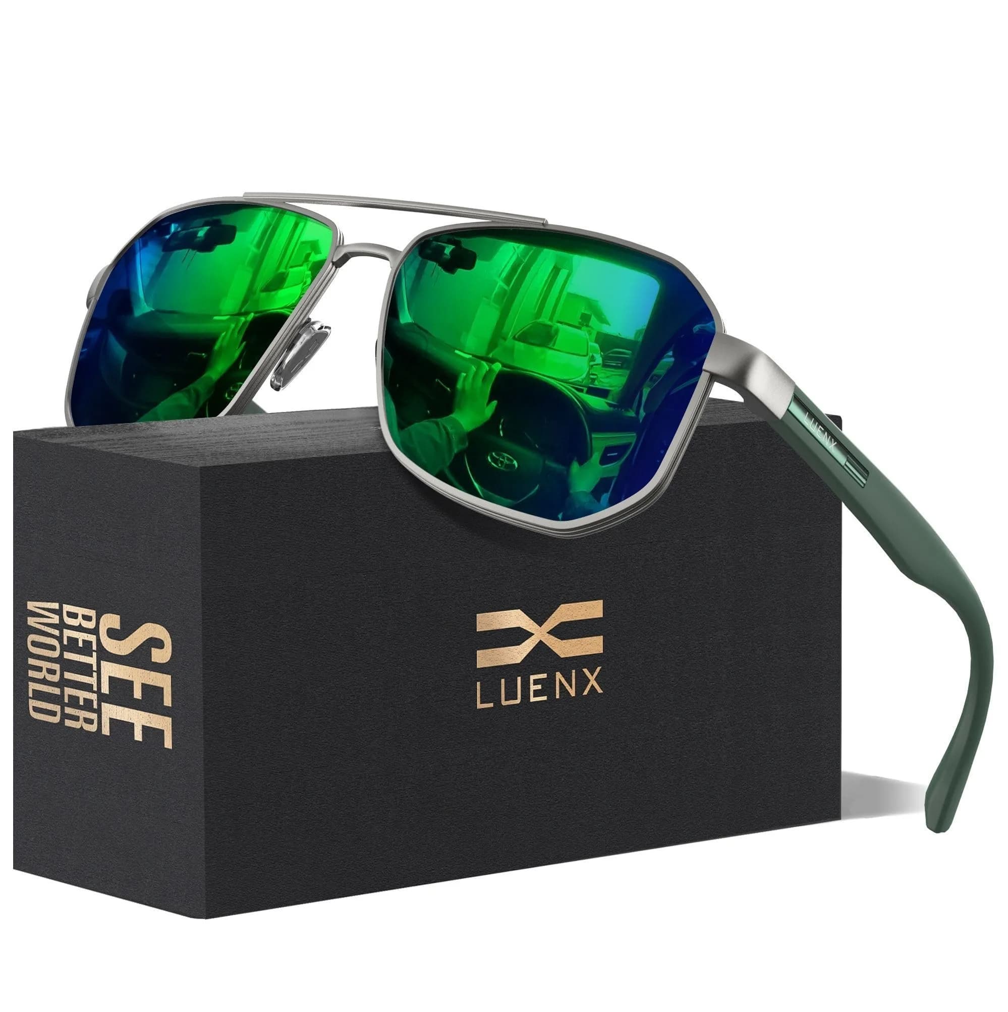 Luenx Aviator Polarized Sunglasses for Men: Square UV400 Driving | Large Frame, Mirror Green Lens