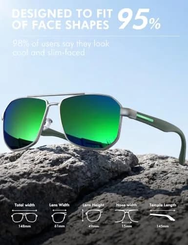 Luenx Aviator Polarized Sunglasses for Men: Square UV400 Driving | Large Frame, Mirror Green Lens thumbnail 5
