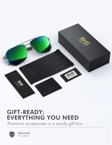Luenx Aviator Polarized Sunglasses for Men: Square UV400 Driving | Large Frame, Mirror Green Lens thumbnail 7