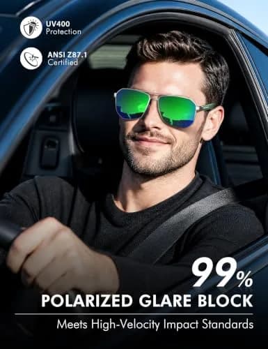 Luenx Aviator Polarized Sunglasses for Men: Square UV400 Driving | Large Frame, Mirror Green Lens thumbnail 2